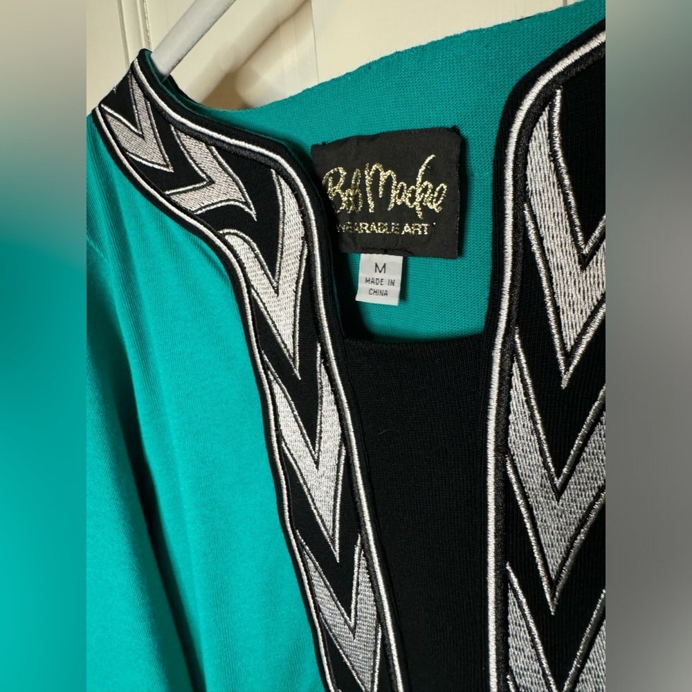 Bob Mackie Wearable Art teal tunic top w/ black and white embellishments Size M - Picture 3 of 12